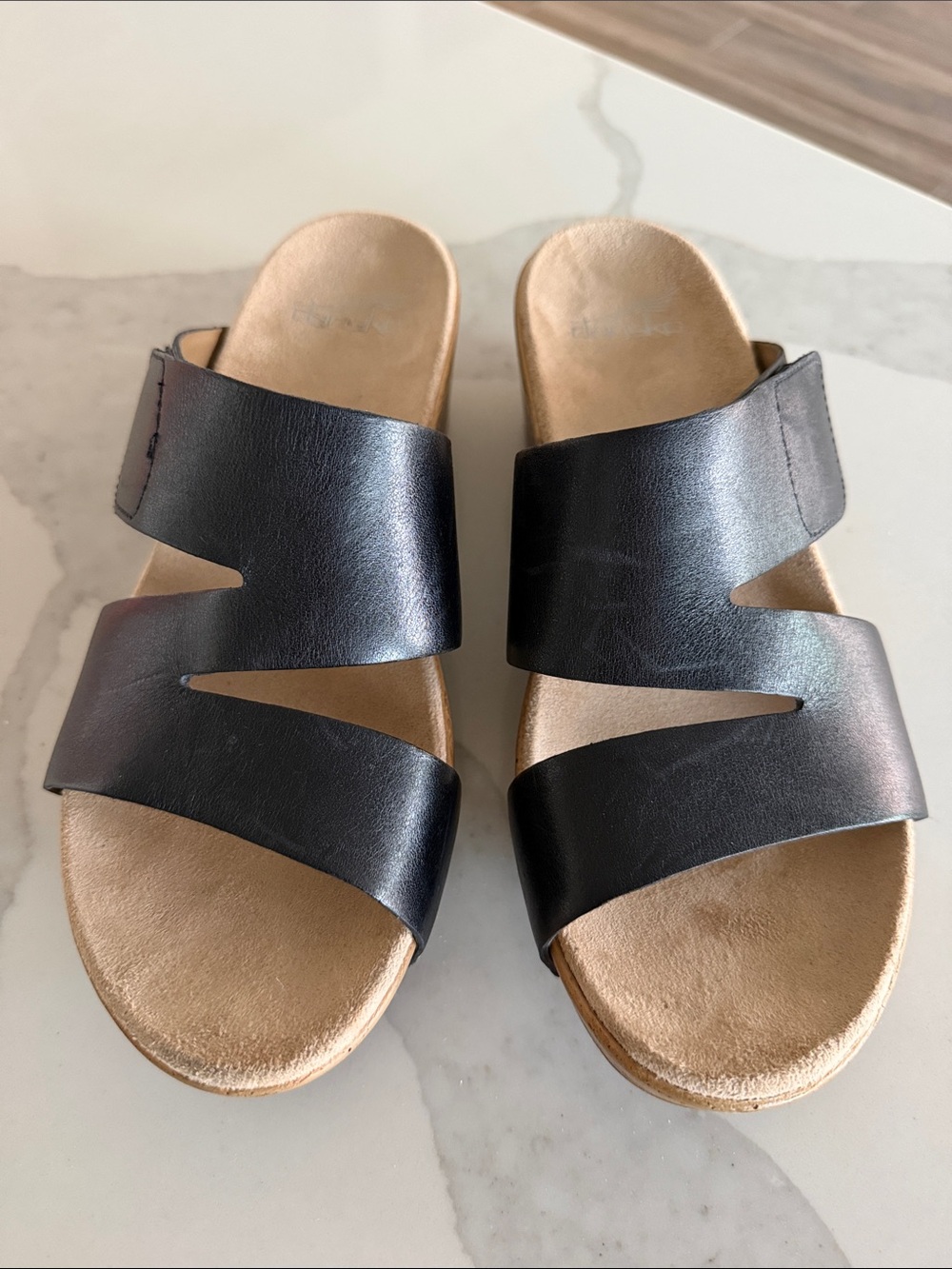 Dansko Lacee Black Leather Slide  Sandals Adjustable Wedge EU39 US 8.5